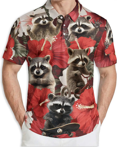 Raccoon Floral 3D Polo Shirt for Men, Funny Animal Hibiscus Style | Azhawaiian