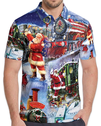 Santa Christmas Train 3D Polo Shirt for Men, Vintage Holiday Railway Style | Azhawaiian