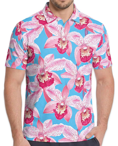 Pink Orchid Polo Shirt for Men, Tropical Floral Style | Azhawaiian