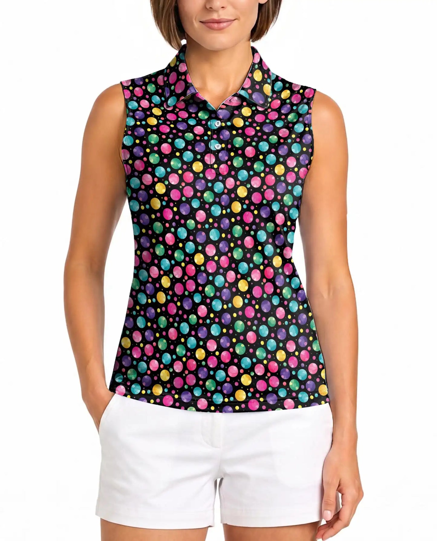 Colorful Polka Dots Sleeveless Polo Shirt for Women  | Azhawaiian