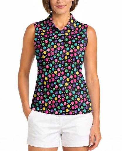 Colorful Polka Dots Sleeveless Polo Shirt for Women  | Azhawaiian