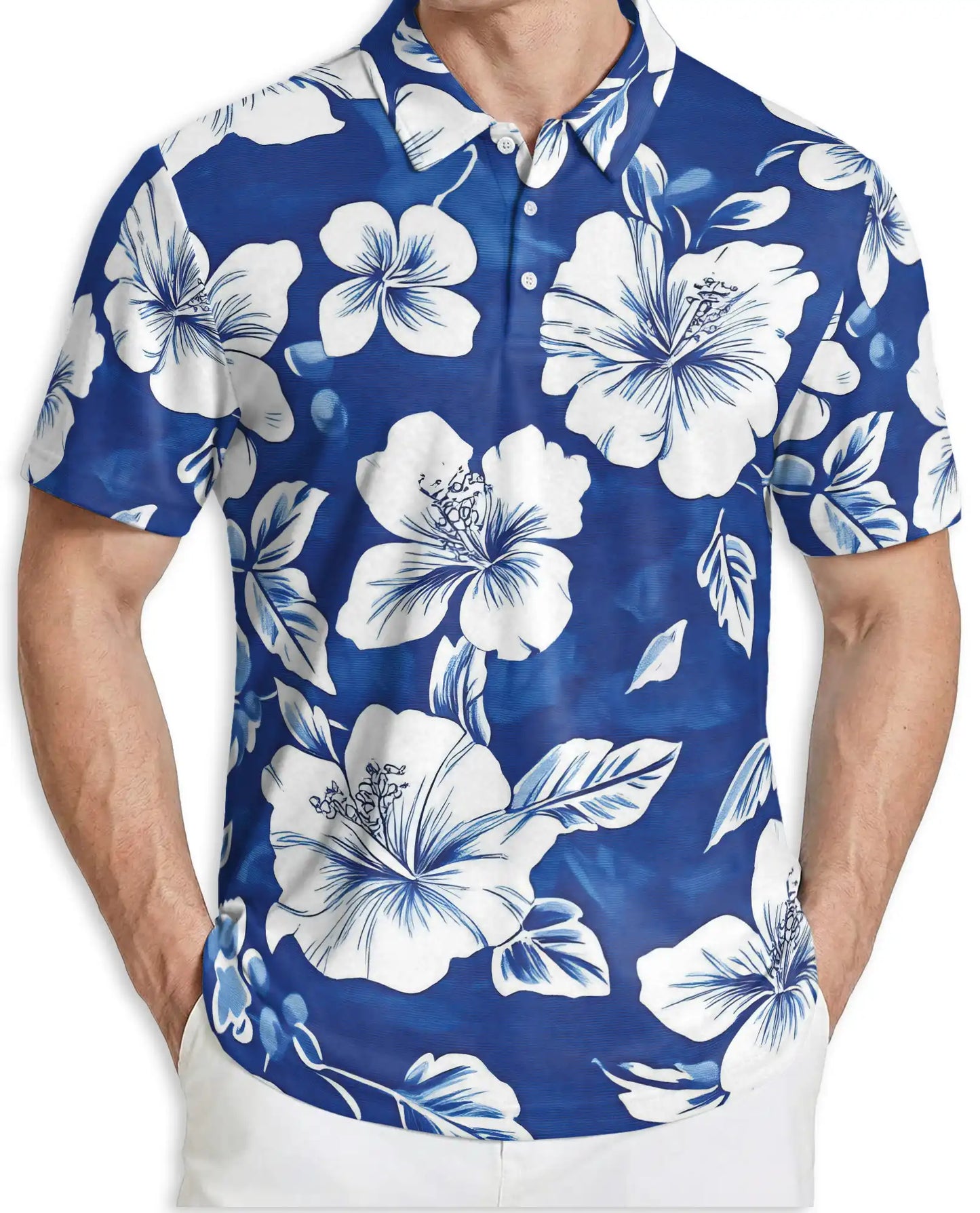 Blue White Hibiscus Polo Shirt | Azhawaiian