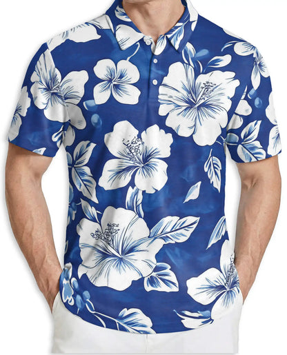 Blue White Hibiscus Polo Shirt | Azhawaiian