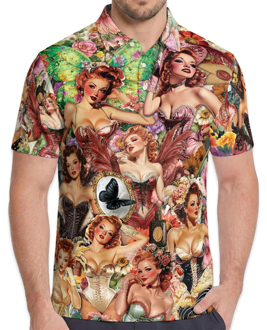 Vintage Dancer Pinup Carnival Polo Shirt for Men, Retro Circus Style | Azhawaiian