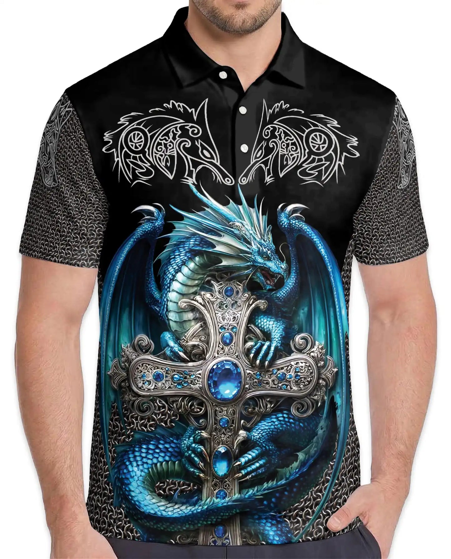 Blue Dragon Cross Polo Shirt for Men - Fantasy Medieval Dragon | Azhawaiian