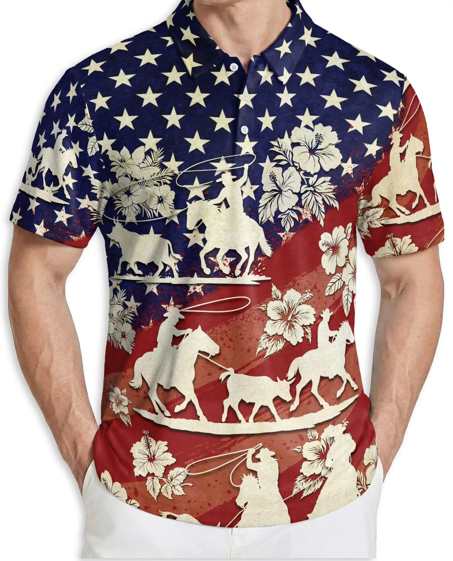 Cowboy Rodeo Polo Shirt, Patriotic Western Print | Azhawaiian