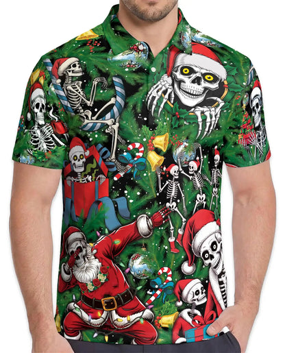 Skeleton Christmas Polo Shirt, Funny Holiday Skull Print | Azhawaiian
