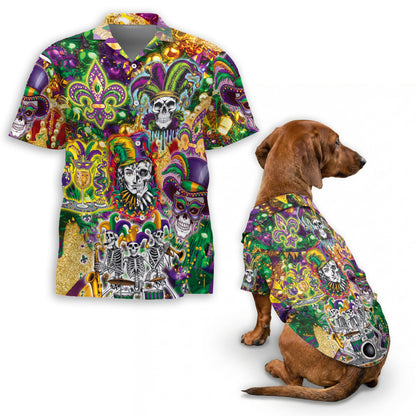 Skulls Mardi Gras Matching Dog Owner Hawaiian Shirts, Funny Pet Aloha Shirt for Beach Vacation - Azhawaiian