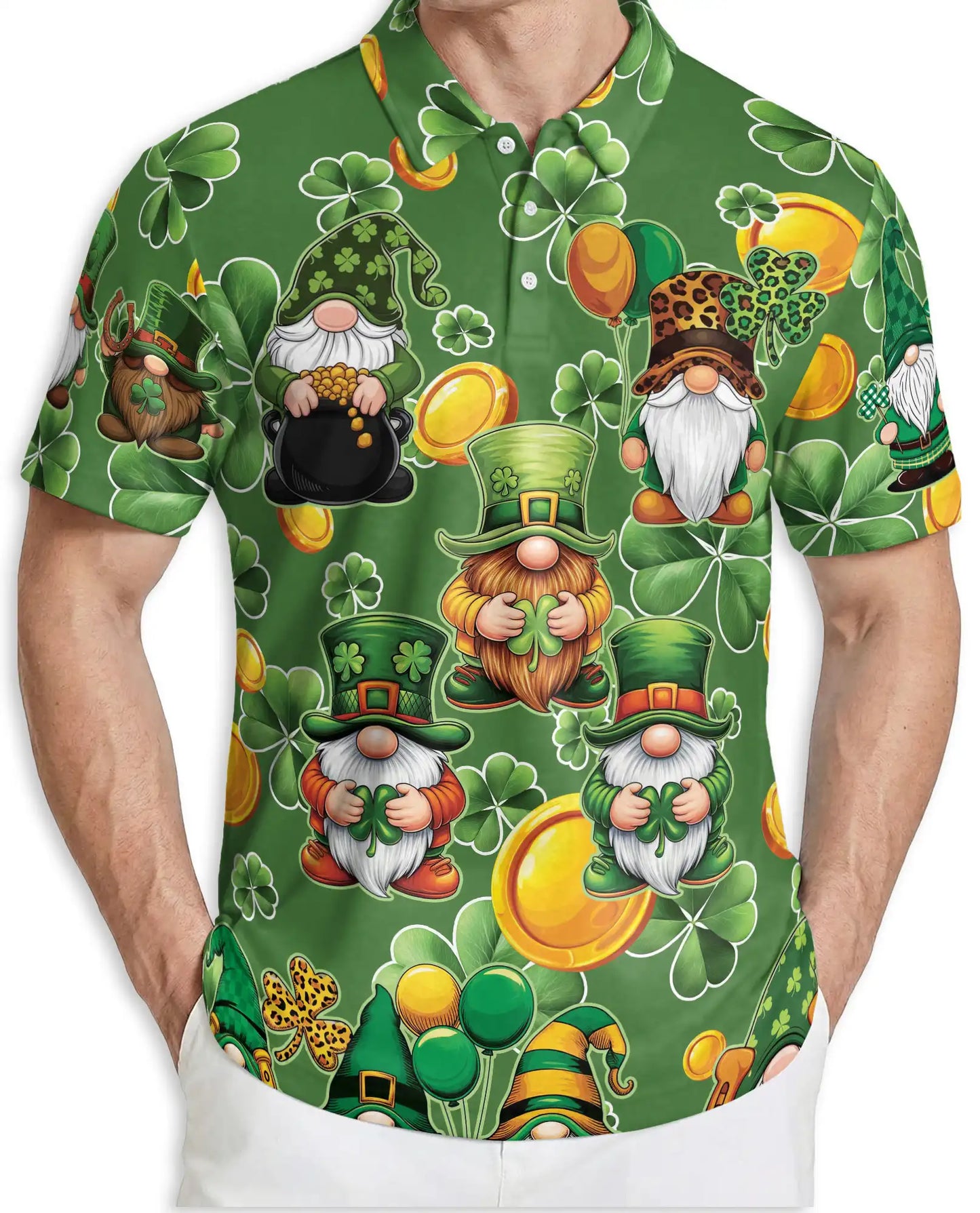 Lucky Leprechaun Gnome 3D Polo Shirt for Men, St Patrick’s Day Clover Style | Azhawaiian