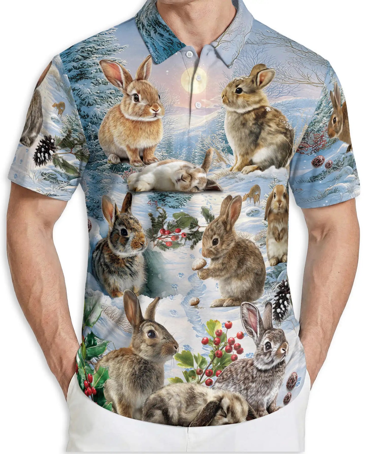 Winter Rabbit Polo Shirt, Snow Bunny Woodland Print | Azhawaiian