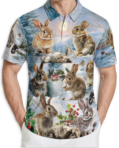 Winter Rabbit Polo Shirt, Snow Bunny Woodland Print | Azhawaiian
