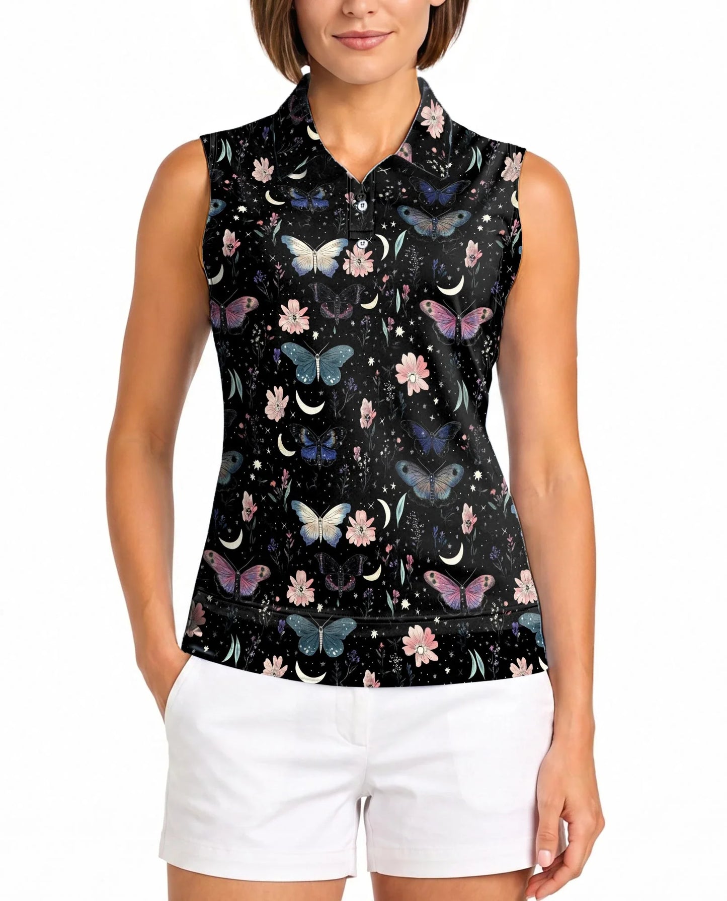 Dark Botanical Moth Pattern Sleeveless Polo Shirt for Women | Azhawaiian
