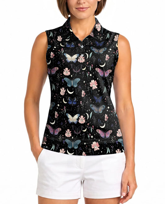 Dark Botanical Moth Pattern Sleeveless Polo Shirt for Women | Azhawaiian