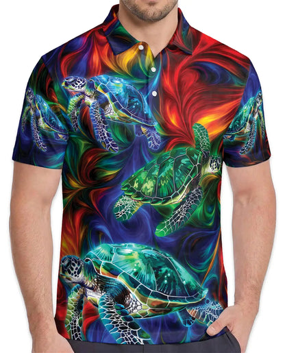 Vibrant Sea Turtle Polo Shirt for Men, Colorful Ocean Design | Azhawaiian