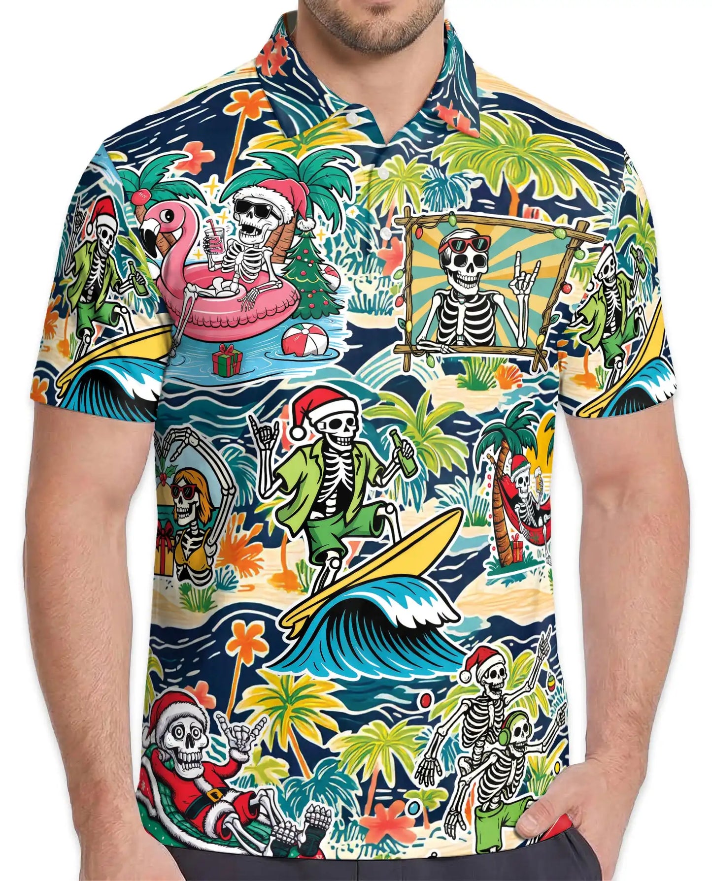 Skeleton Beach Holiday Polo Shirt for Men, Summer 3D Hawaiian | Azhawaiian