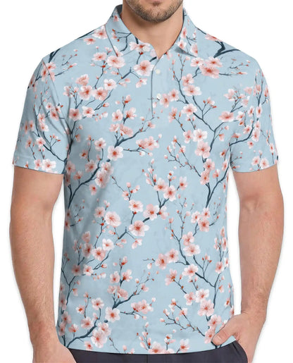 Blue Cherry Blossom Polo Shirt for Men, Spring Floral Style | Azhawaiian