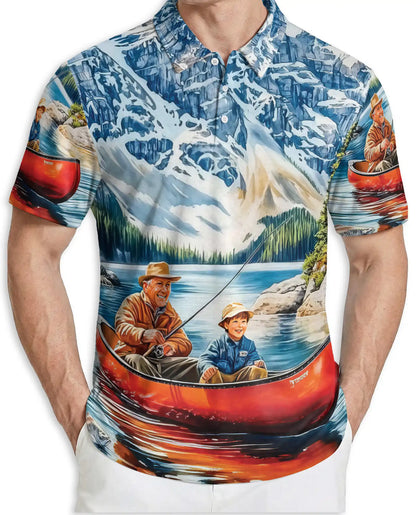 Fishing Adventure Polo Shirt, Mountain Lake Print | Azhawaiian
