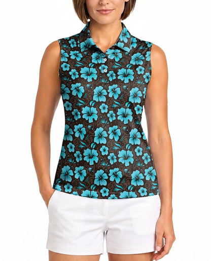 Cyan Hibiscus Print Sleeveless Polo Shirt for Women | Azhawaiian