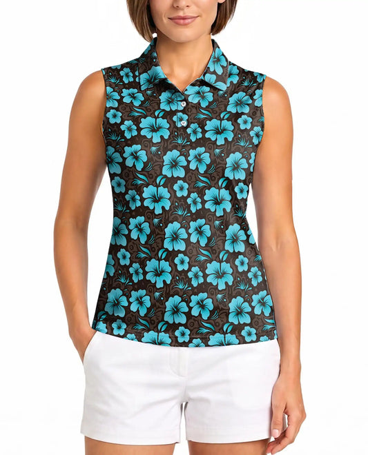 Cyan Hibiscus Print Sleeveless Polo Shirt for Women | Azhawaiian