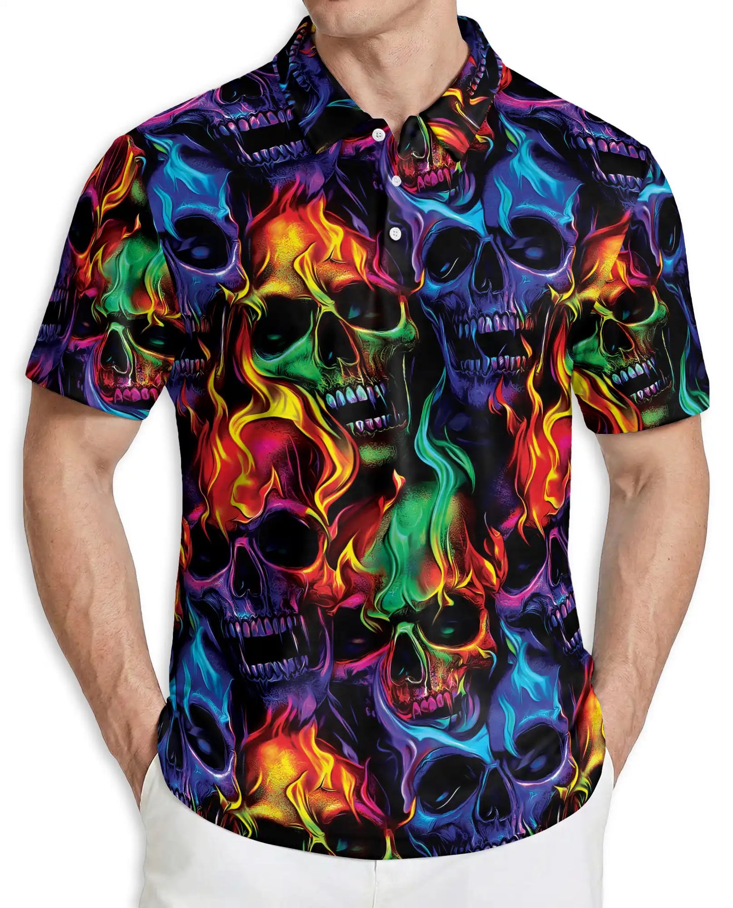 Flaming Skull Neon 3D Polo Shirt for Men | Azhawaiian