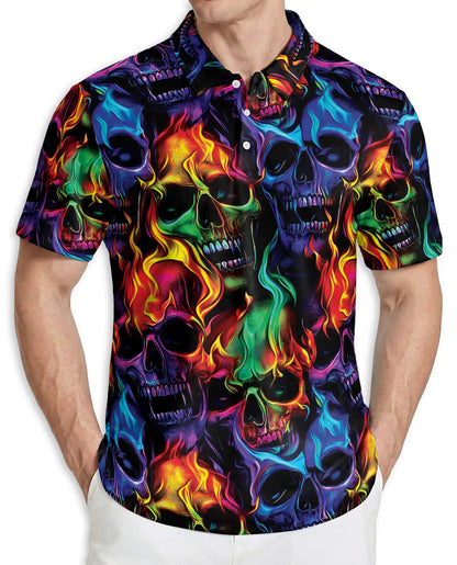 Flaming Skull Neon 3D Polo Shirt for Men | Azhawaiian