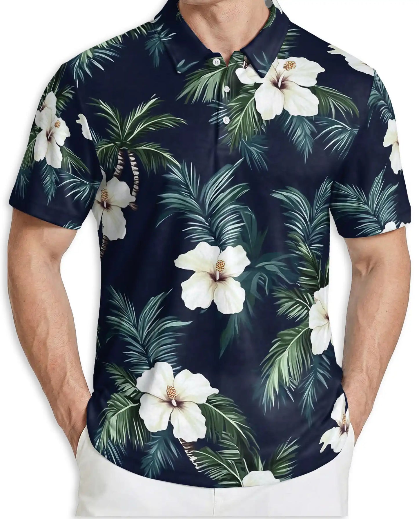 Tropical Hibiscus Palm 3D Polo Shirt for Men, Hawaiian Floral Beach Style | Azhawaiian