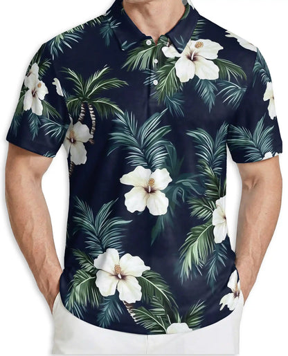 Tropical Hibiscus Palm 3D Polo Shirt for Men, Hawaiian Floral Beach Style | Azhawaiian