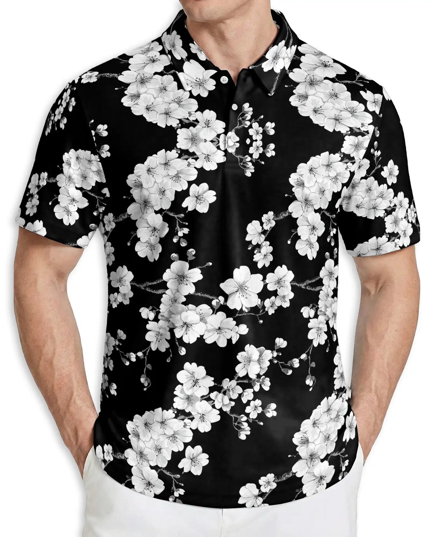Black White Floral Hawaiian 3D Polo Shirt for Men | Azhawaiian