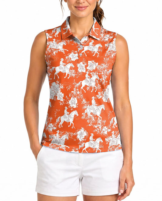 Orange Equestrian Horse Floral Sleeveless Polo Shirt for Women | Azhawaiian