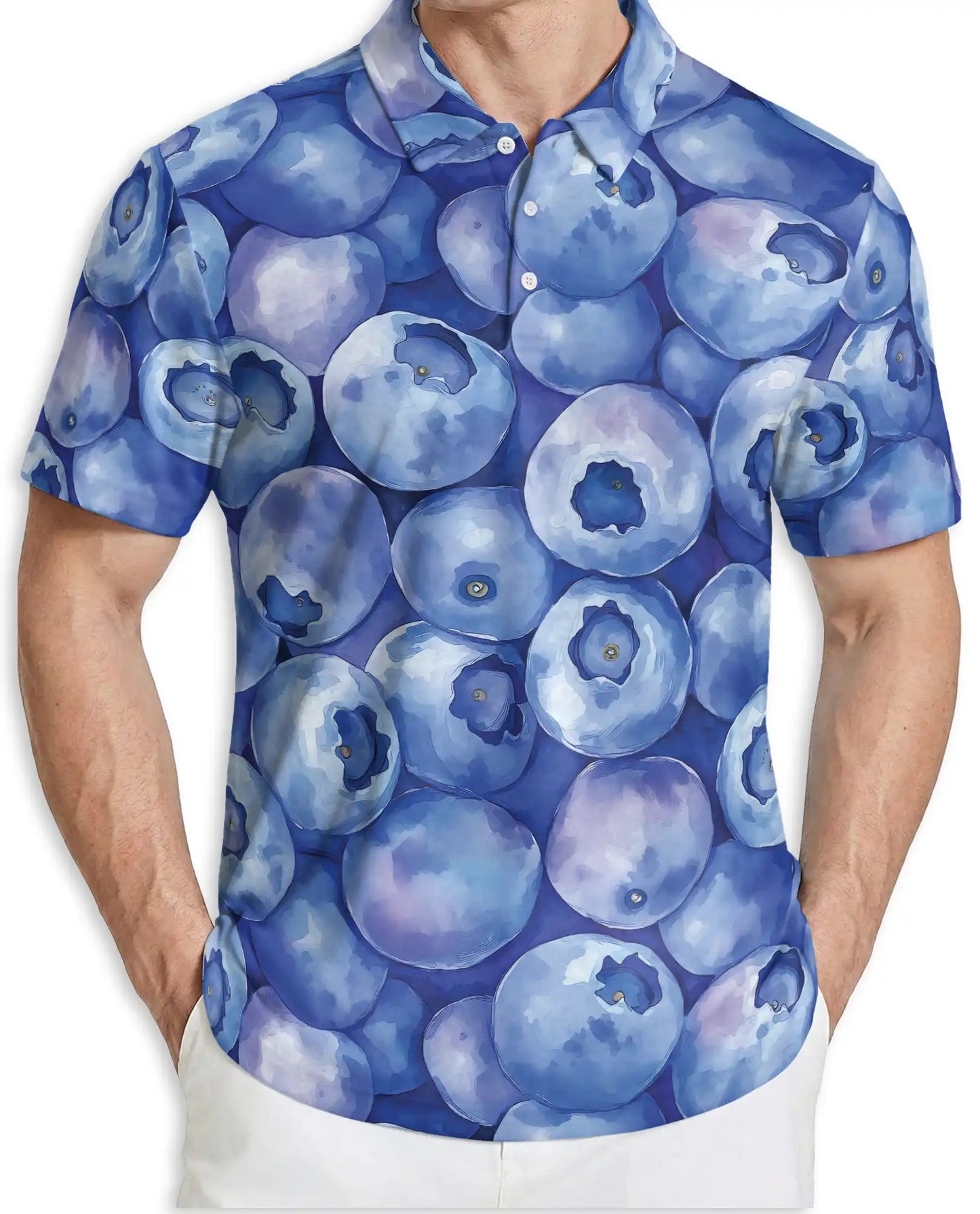 Blueberry Patten Polo Shirt For Men, Summer Fruit Print | Azhawaiian