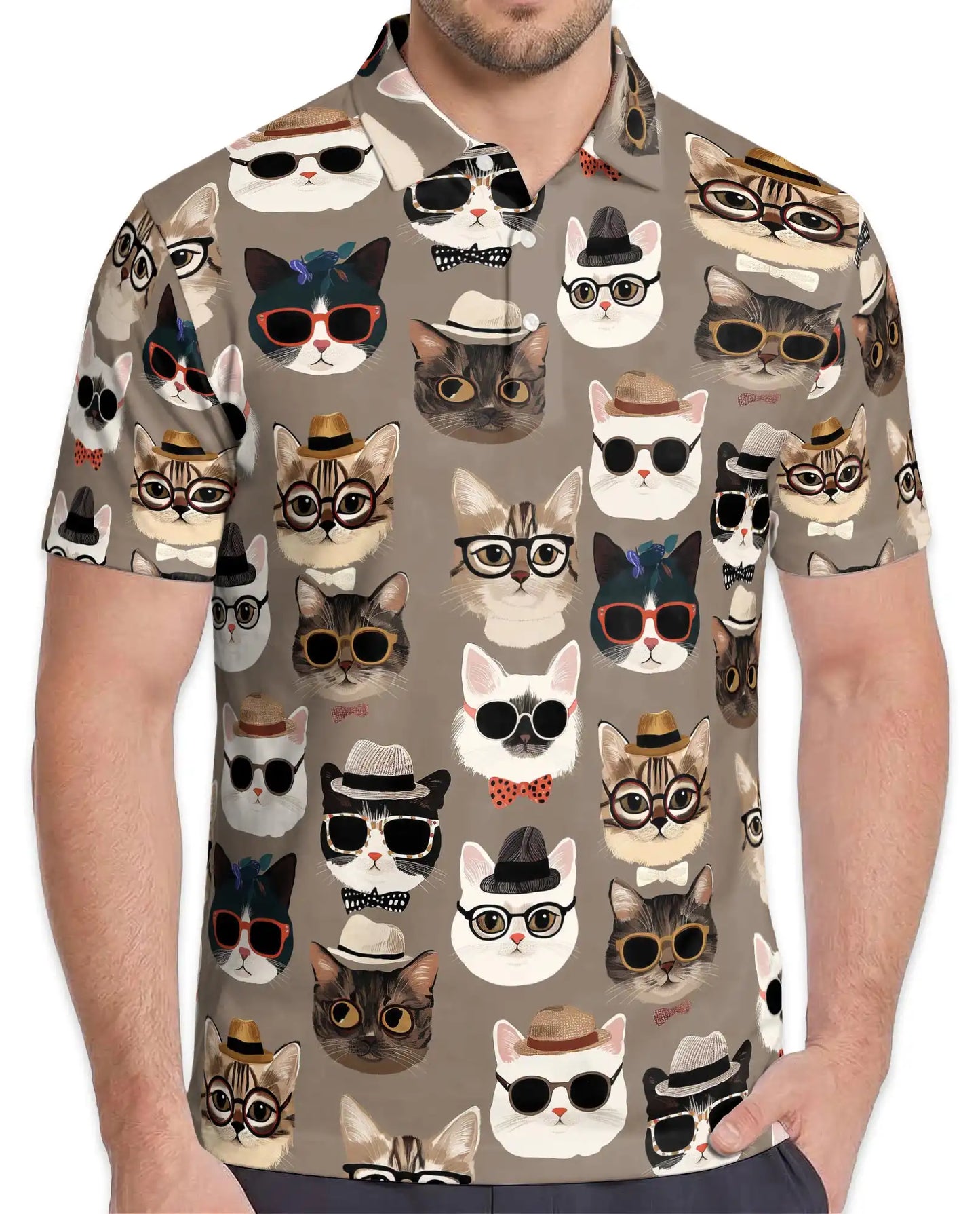 Funny Hipster Cat Polo Shirt For Men- Print Cool Cats With Glasses | Azhawaiian