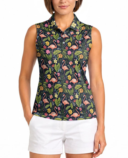 Black Flamingo Retreat Sleeveless Polo Shirt for Women | Azhawaiian