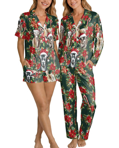 Christmas Goat Pajama Set for Women – Santa Hat & Poinsettia Print