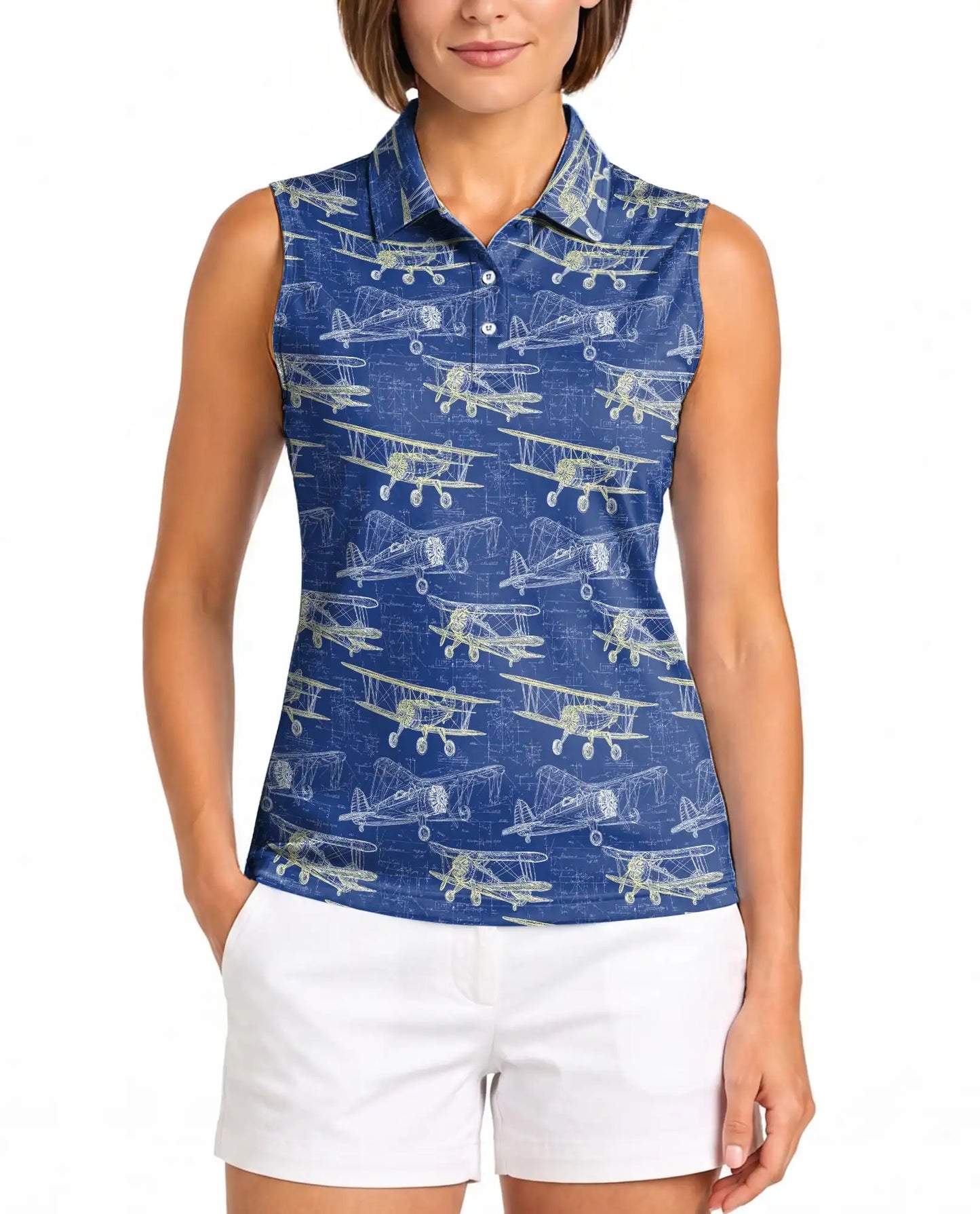 Vintage Biplane Print Sleeveless Polo Shirt for Women, Retro Aviation Style | Azhawaiian
