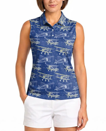 Vintage Biplane Print Sleeveless Polo Shirt for Women, Retro Aviation Style | Azhawaiian