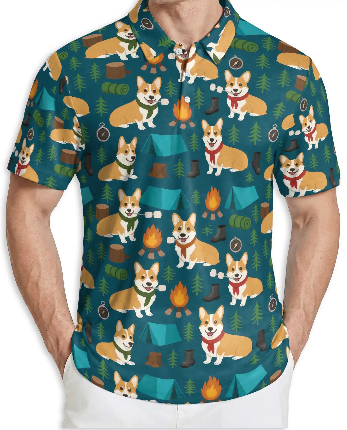 Corgi Camping Polo Shirt, Outdoor Adventure Print | Azhawaiian