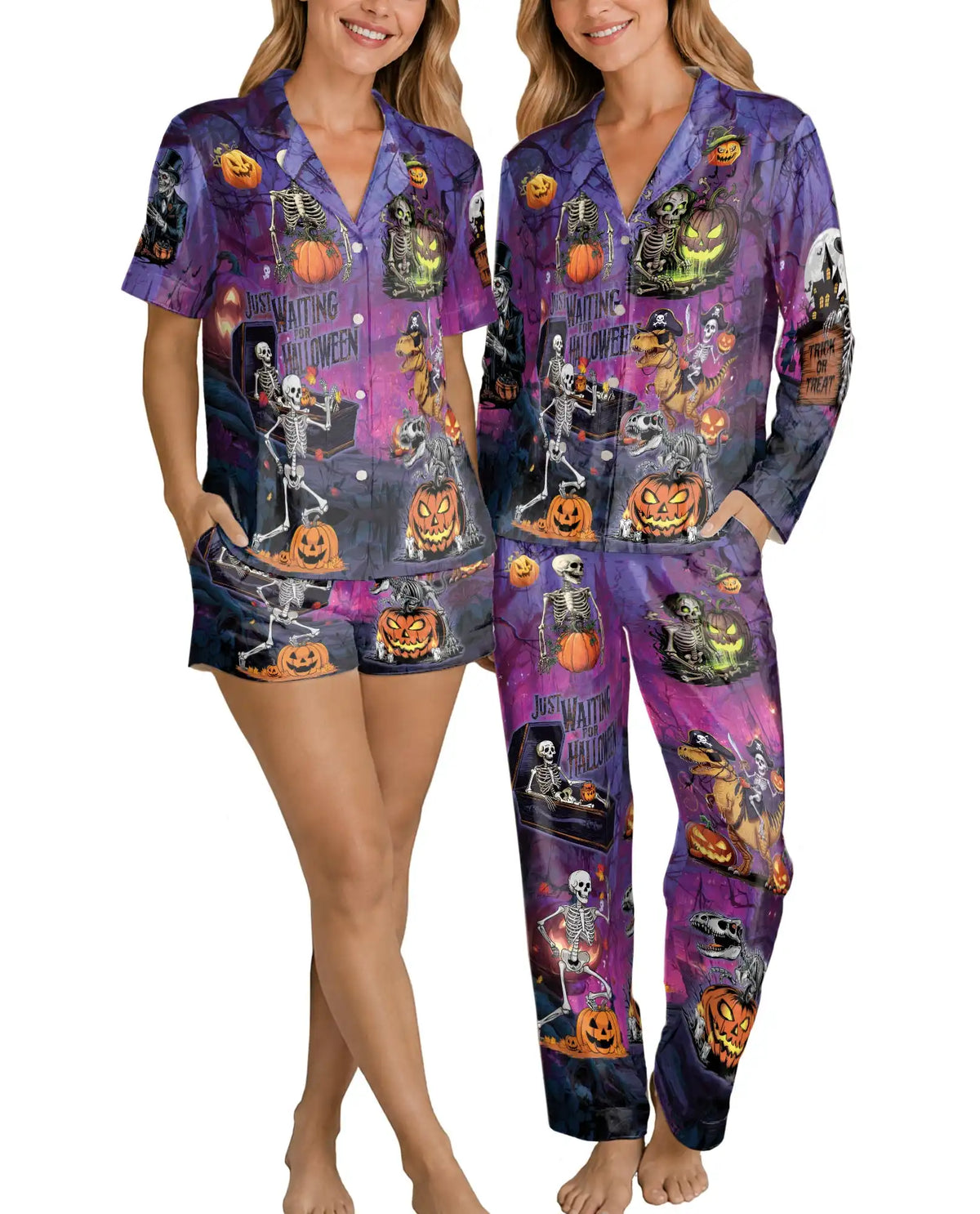 Skeleton Halloween Pajama Set for Women, Spooky Pumpkin Holiday Sleepwear
