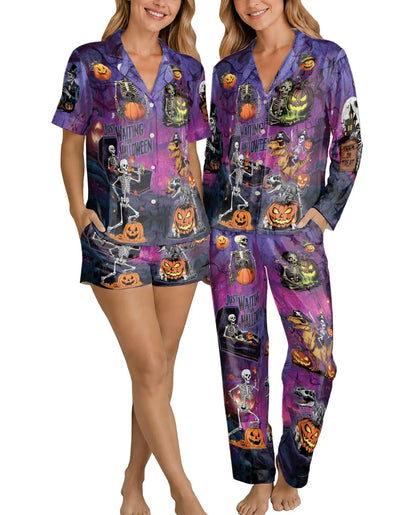 Skeleton Halloween Pajama Set for Women, Spooky Pumpkin Holiday Sleepwear