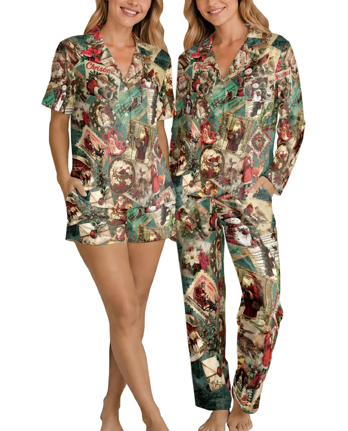 Vintage Christmas Pajama Set for Women, Santa Holiday Sleepwear with Retro Winter Design