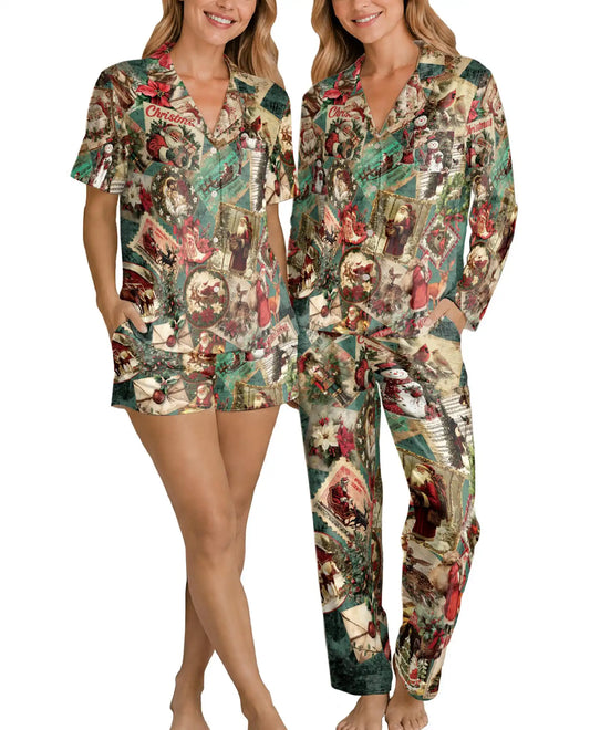 Vintage Christmas Pajama Set for Women, Santa Holiday Sleepwear with Retro Winter Design