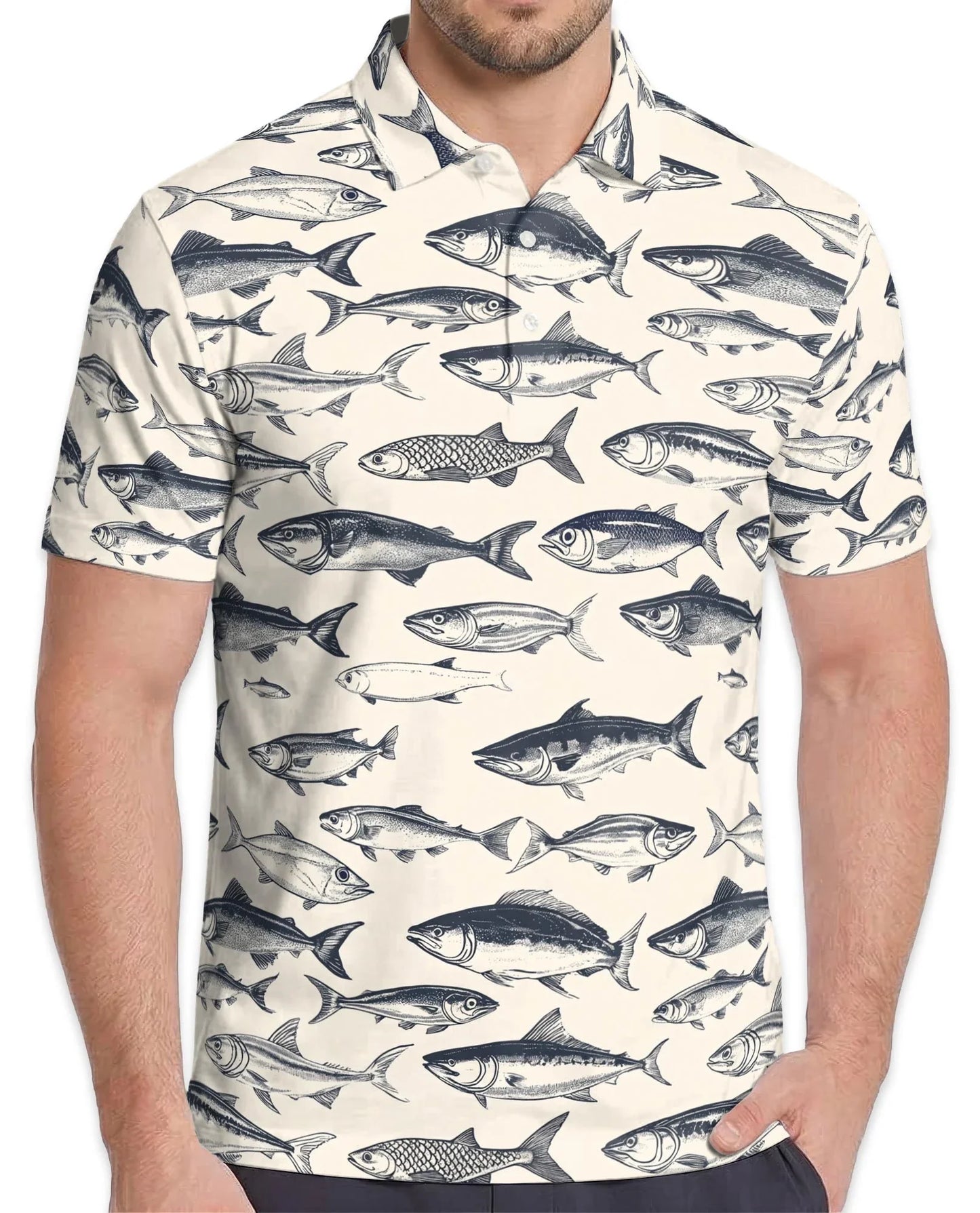 Vintage Fish Pattern Polo Shirt for Men, Coastal Fishing Style | Azhawaiian
