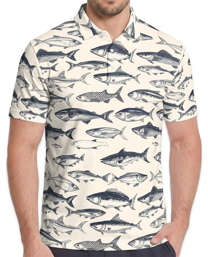 Vintage Fish Pattern Polo Shirt for Men, Coastal Fishing Style | Azhawaiian