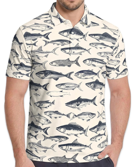 Vintage Fish Pattern Polo Shirt for Men, Coastal Fishing Style | Azhawaiian