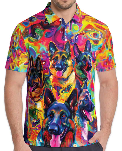 Psychedelic German Shepherd 3D Polo Shirt for Men, Colorful Dog Lover Art Style | Azhawaiian