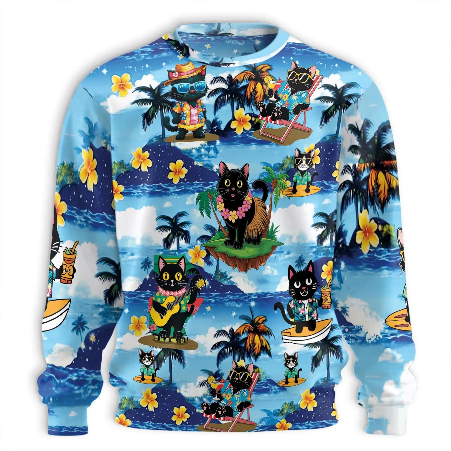 Funny Black Cat Aloha Beach Sweatshirt – Tropical 3D All Over Print Design