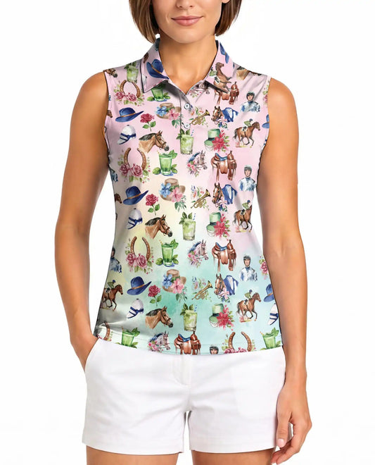 Kentucky Derby Horse Sleeveless Polo Shirt for Women | Azhawaiian