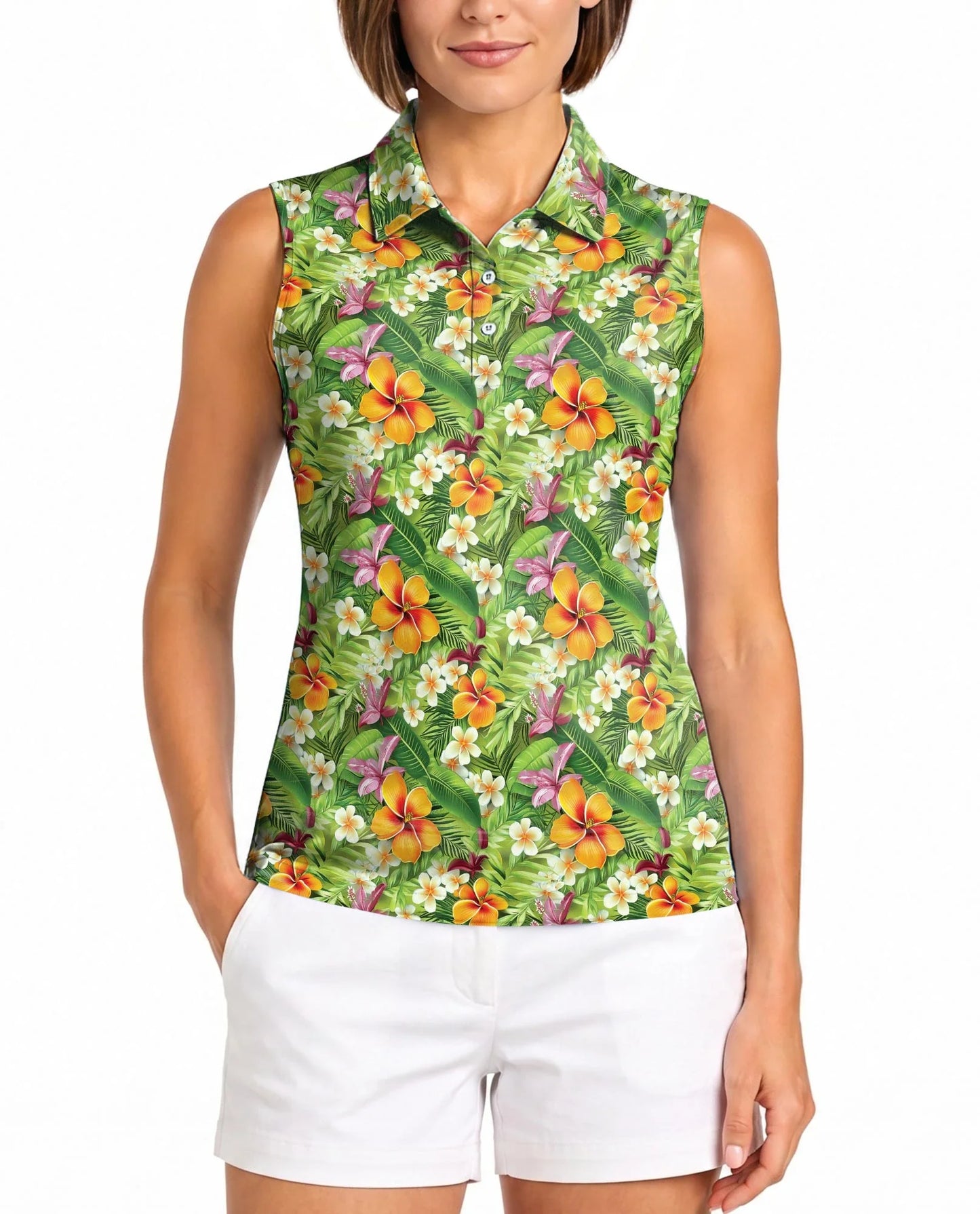 Tropical Floral Sleeveless Polo Shirt for Women, Colorful Summer Style | Azhawaiian