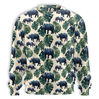 Rhino and Monstera Leaf Pattern Sweatshirt – Tropical 3D All Over Print Design