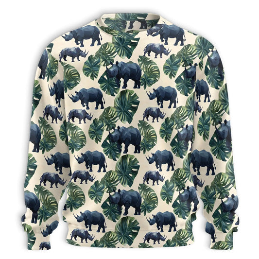 Rhino and Monstera Leaf Pattern Sweatshirt – Tropical 3D All Over Print Design