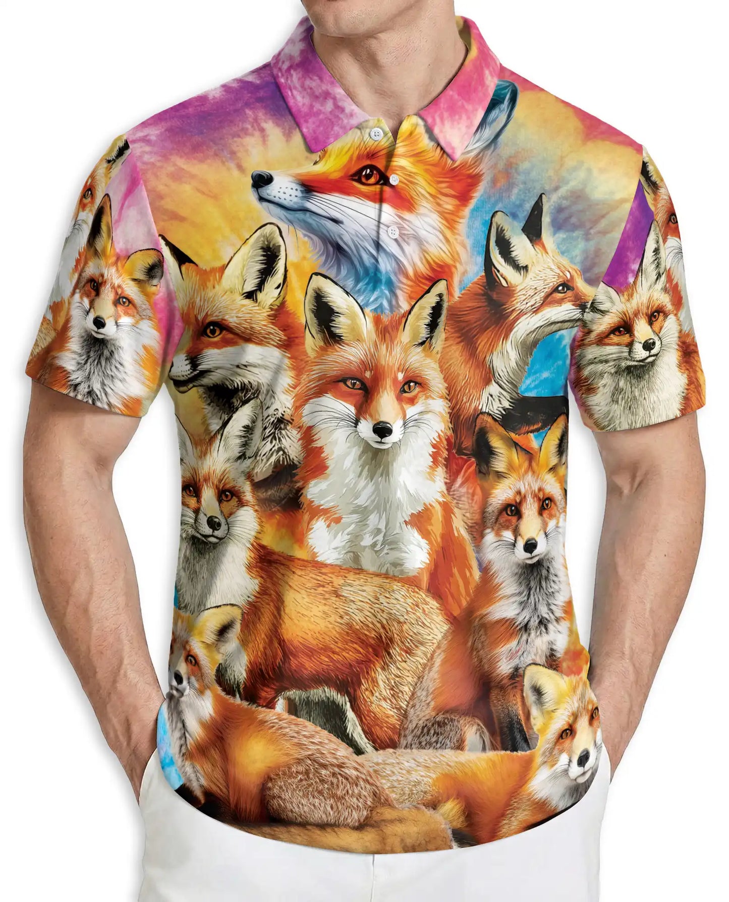 Fox Polo Shirt, Colorful Wildlife Animal Print | Azhawaiian